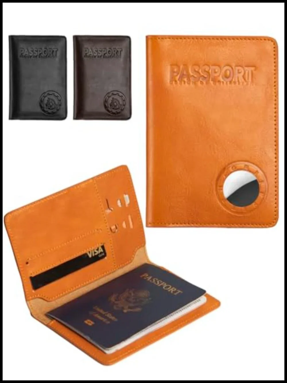 Genuine Leather Passport Holder with AirTag Slot RFID Travel Wallet